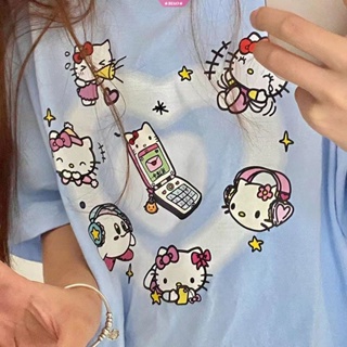 SANRIO เสื้อยืดแขนสั้น ผ้าฝ้าย พิมพ์ลายการ์ตูน Hello Kitty แฟชั่นฤดูร้อน สไตล์เกาหลี สําหรับผู้หญิง 2023
