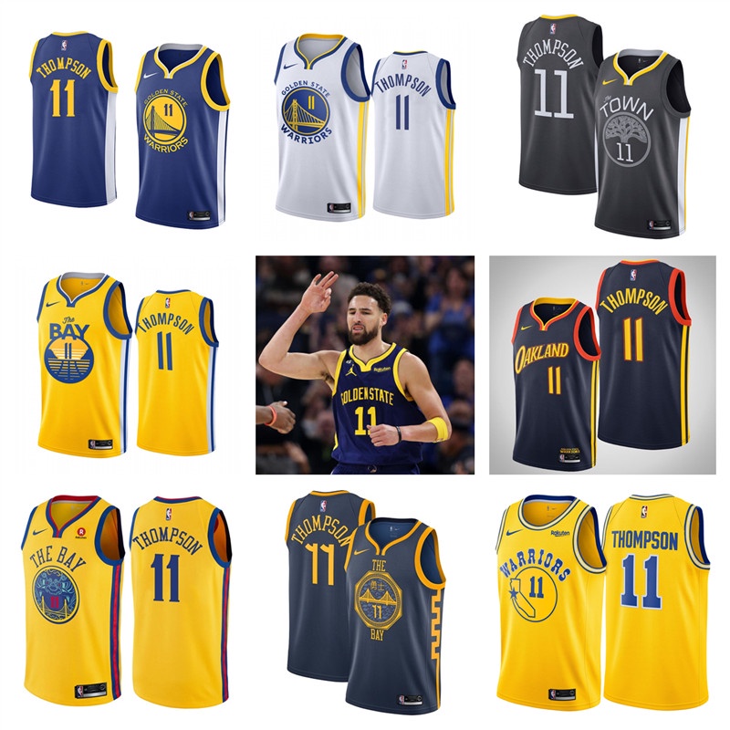 golden-state-warriors-jersey-11-klay-thompson-เสื้อบาสเก็ตบอลสีดำของผู้ชายสั้น-เสื้อยืดกีฬา