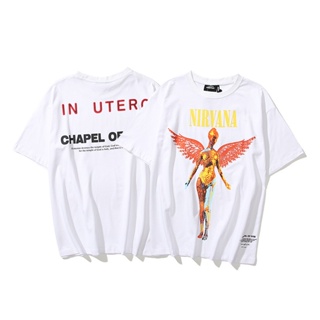 【Hot】สินค้าพร้อมส่ง Kanye Nirvana Angel Rock ลายข้อความ Chapel Of God แขนสั้นคู่รักสตรีทแฟชั่นเสื้อยืดเสื้อยืดฤดูร้อน [M