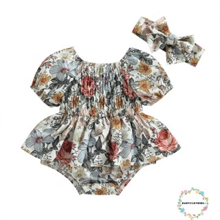 Babyclothes- ชุดจั๊มสูทรอมเปอร์ แขนสั้น แขนพัฟ พิมพ์ลายดอกไม้ พร้อมที่คาดผม แฟชั่นฤดูร้อน สําหรับเด็กผู้หญิง