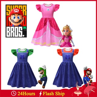 ชุดเดรสคอสเพลย์ Super Mario Princess Peach แขนสั้น สีแดง สีเขียว สีชมพู สําหรับเด็กผู้หญิง เหมาะกับปาร์ตี้ฮาโลวีน