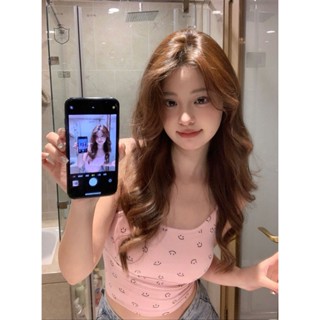 เสื้อครอปท็อปเซ็กซี่ พิมพ์ลายหน้ายิ้ม ขนาดเล็ก สีชมพู แฟชั่นฤดูร้อน สําหรับผู้หญิง SWWK