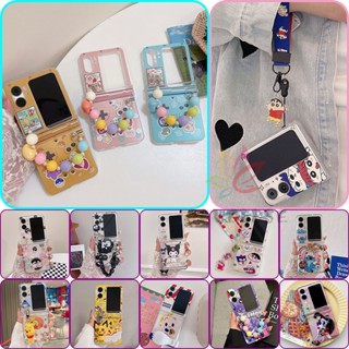 เคสโทรศัพท์มือถือ PC แข็ง แบบฝาพับ กันกระแทก พร้อมสายคล้องข้อมือ ลายน่ารัก สําหรับ OPPO Find N2 Find N2 3in1