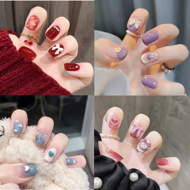 พร้อมส่ง-สติกเกอร์ติดเล็บปลอม-แบบสั้น-ถอดออกได้-สําหรับตกแต่งเล็บ