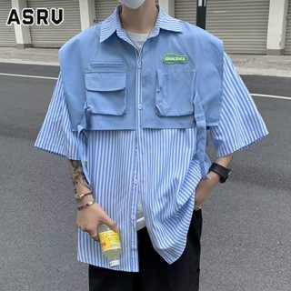ASRV ผู้ชายหล่อสบาย ๆ ดีไซน์สัมผัสระดับ high-end แขนสั้นญี่ปุ่นหลวมสีฟ้าและสีขาวลายสไตล์ฮ่องกงเสื้อเชิ้ต