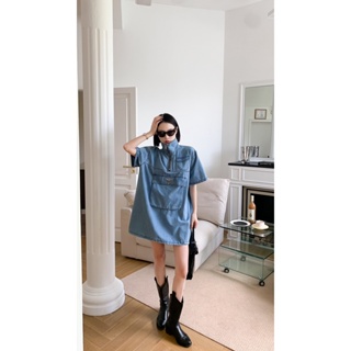 Z6OT PRA * A 2023 spring and summer new letter triangle big pocket denim dress fashionable and slimming womens simple fashion