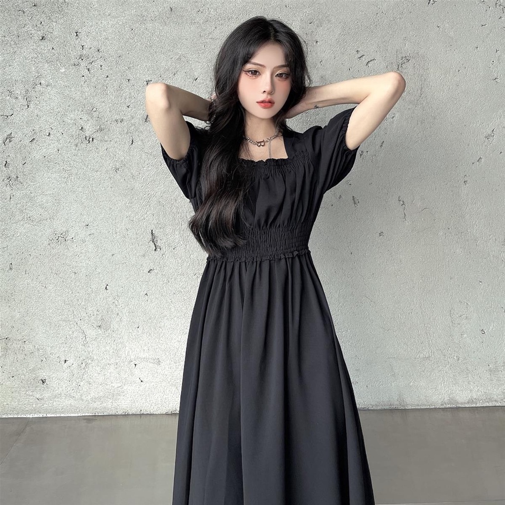 ชุดเดรสกระโปรงยาว-คอสี่เหลี่ยม-แขนพอง-เข้ารูป-แฟชั่นฤดูร้อน-สําหรับสตรี