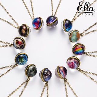 Ellastore123 สร้อยคอ จี้ลูกบอลแก้วกาแล็กซี่ เรืองแสงในที่มืด สองด้าน สไตล์วินเทจ เครื่องประดับ