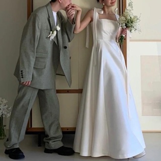 ชุดแต่งงาน ผ้าซาติน สีขาว แบบเรียบง่าย สไตล์ฝรั่งเศส สําหรับเจ้าสาว ริมทะเล ชายหาด งานแต่งงาน ฮันนีมูน เดินทาง