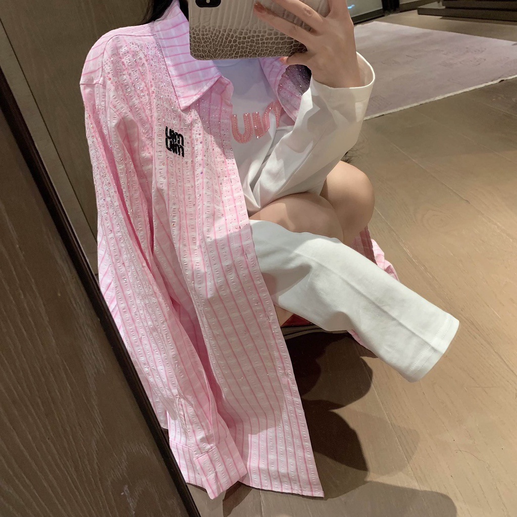 m3v3-miu-miu-2023-spring-and-summer-new-plaid-bubble-rhinestone-letter-shirt-casual-fashion-all-match-loose-coat-college-style