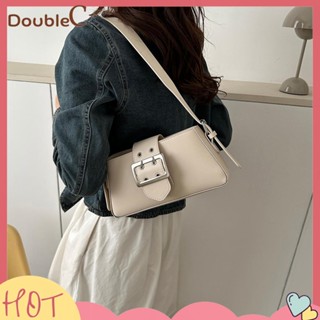 【Double C 】✿   กระเป๋าสะพายไหล่ กระเป๋าถือ หนัง PU แต่งหัวเข็มขัดโลหะ สีพื้น แฟชั่นสําหรับสตรี เหมาะกับการพกพาช็อปปิ้ง Y2K