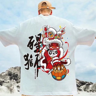 M-8XL Summer personality cartoon lion dance print round neck short-sleeved T-shirt men and women couples tide brand_01