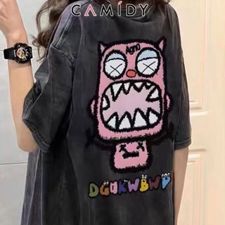 Camidy เสื้อยืดสตรีจากผ้าเก่าซักใหม่ย้อนยุคการ์ตูนแขนสั้นเสื้อยืดหญิงในเกาหลีด้านบน