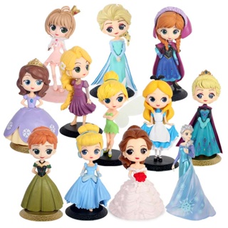 Disney Q Posket โมเดลฟิกเกอร์ PVC เจ้าหญิงเอลซ่า Tiana Snow White Rapunzel Ariel Cinderella Belle Mermaid ของขวัญสําหรับเด็ก