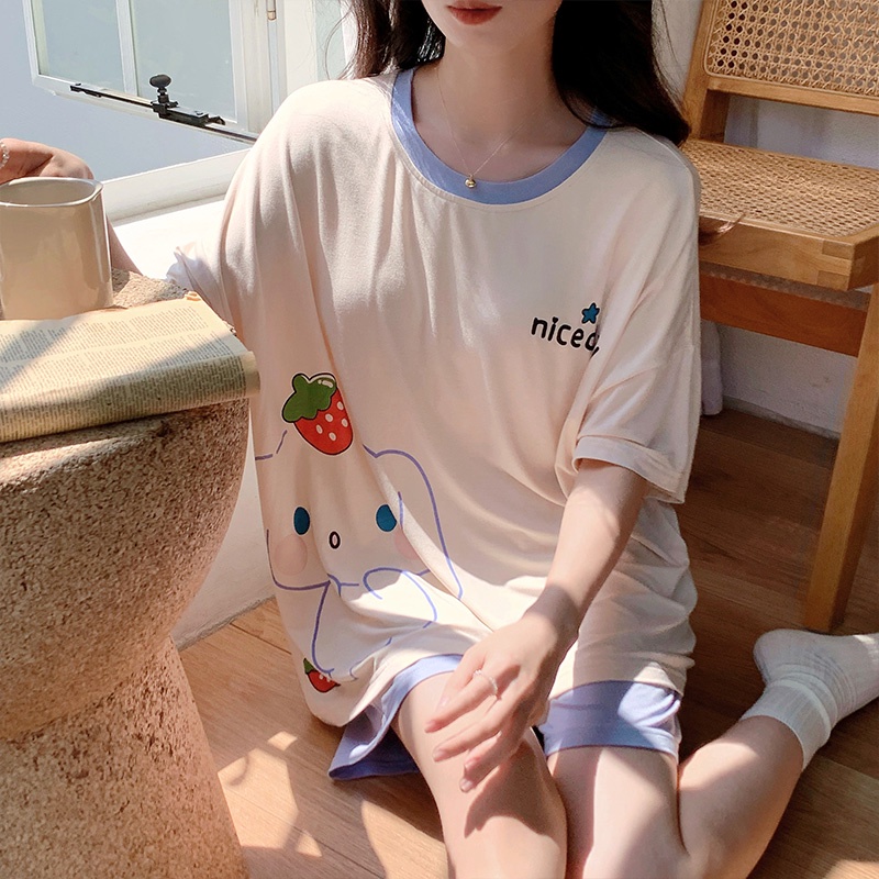 summer-modal-pajamas-new-thin-section-cartoon-printing-womens-short-sleeved-shorts-simple-suit-with-chest-pad