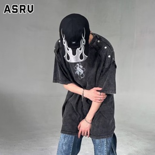 ASRV ผู้ชายแขนสั้นขี้เกียจง่ายแฟชั่นแบรนด์อินเทรนด์เยาวชน ins แนวโน้มเก่าเสื้อยืดคอกลมหลวม