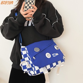 ผู้หญิงกระเป๋าข้ามตัวญี่ปุ่น INS ฮาราจูกุแฟชั่นแบรนด์บุคลิกภาพเย็บสีตัดกันลายสก๊อตนักเรียนรุ่นเกาหลีกระเป๋าสะพายอเนกประสงค์