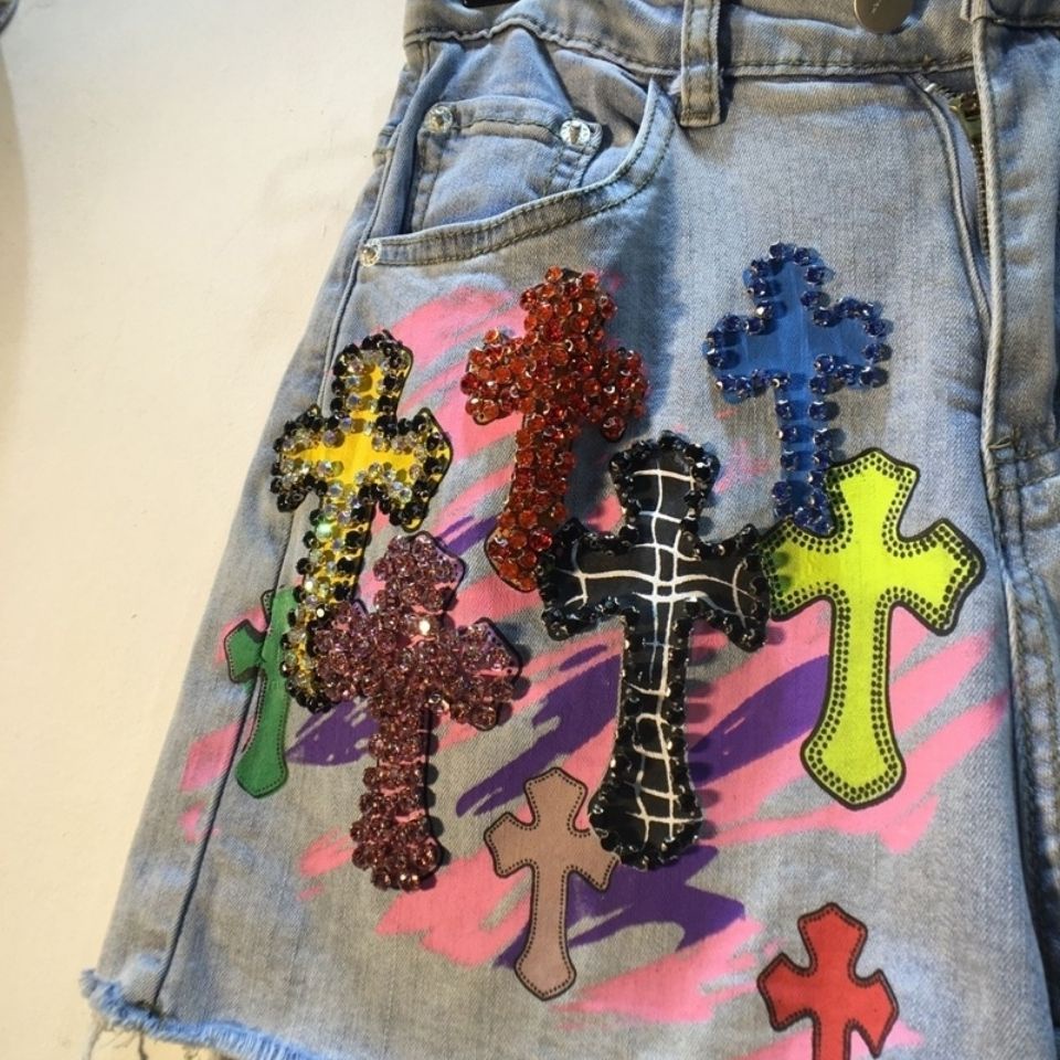 european-station-2021-summer-wear-european-new-heavy-industry-diamond-beaded-cross-high-waist-elastic-denim-shorts