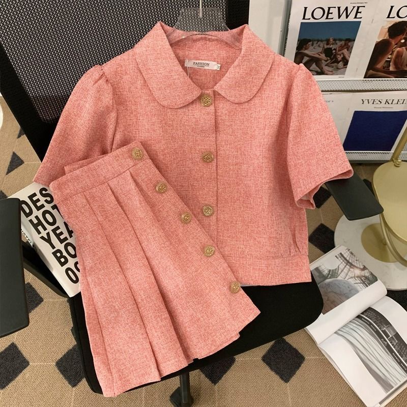 sweet-pink-short-blouse-suit-girl-looks-thin-in-summer-tall-waist-pleated-skirt-two-piece-set