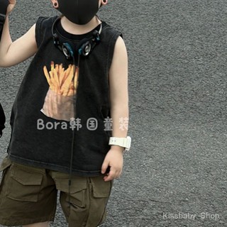 เสื้อยืดแขนกุด ผ้าฝ้ายบริสุทธิ์ แบบบาง ทรงหลวม สีดํา แฟชั่นฤดูร้อน สําหรับเด็กผู้ชาย