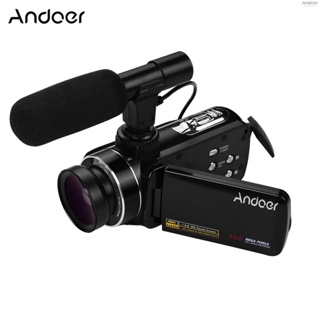 Andoer กล้องบันทึกวิดีโอดิจิทัล 4K เซนเซอร์ CMOS พร้อมเลนส์มุมกว้าง 0.45X พร้อมเมาท์ขาตั้งไมโครโฟนมาโครสเตอริโอ 3.0 นิ้ว IPS