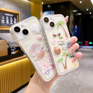 เคสโทรศัพท์มือถือแบบนิ่ม มีทรายไหล แต่งกลิตเตอร์ ลายต้นมะพร้าว ปลาดาวน่ารัก สําหรับ Vivo Y16 Y02 V25 V27 V27E Y33s Y21 Y20 Y20s Y12s Y1s Y17 Y22 Y15s Y15a Y30 V23E