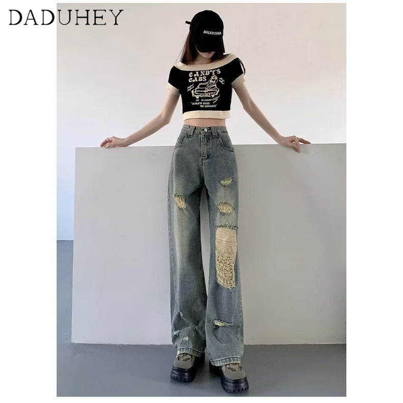 daduhey-women-2023-summer-new-korean-style-retro-jeans-ins-high-street-ripped-jeans-niche-high-waist-loose-wide-leg-pants