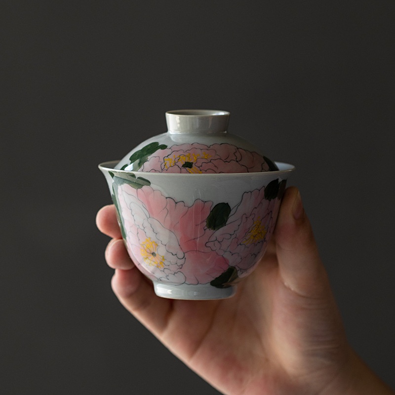 huayun-ชุดถ้วยชาเซรามิค-พร้อมฝาปิด-ลายดอกไม้-ดอกโบตั๋น-สีเขียว-สไตล์เรโทร-สําหรับชงชากังฟู