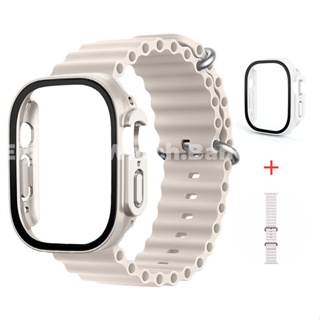 2 IN 1 สายนาฬิกาข้อมือซิลิโคน และเคสกระจก อุปกรณ์เสริม สําหรับ Apple Watch Series Ultra 8 7 6 SE 5 4 3 2 1 iWatch ขนาด 49 มม. 45 มม. 41 มม. 44 มม. 40 มม. 42 มม. 38 มม.