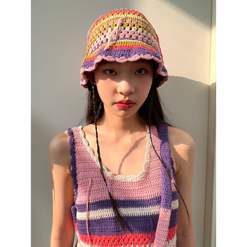 หมวกบักเก็ต-ผ้าฝ้ายถักโครเชต์-ถักนิตติ้ง-ลายทาง-ประดับพู่-ขนาดเล็ก-ของแท้-สําหรับผู้หญิง