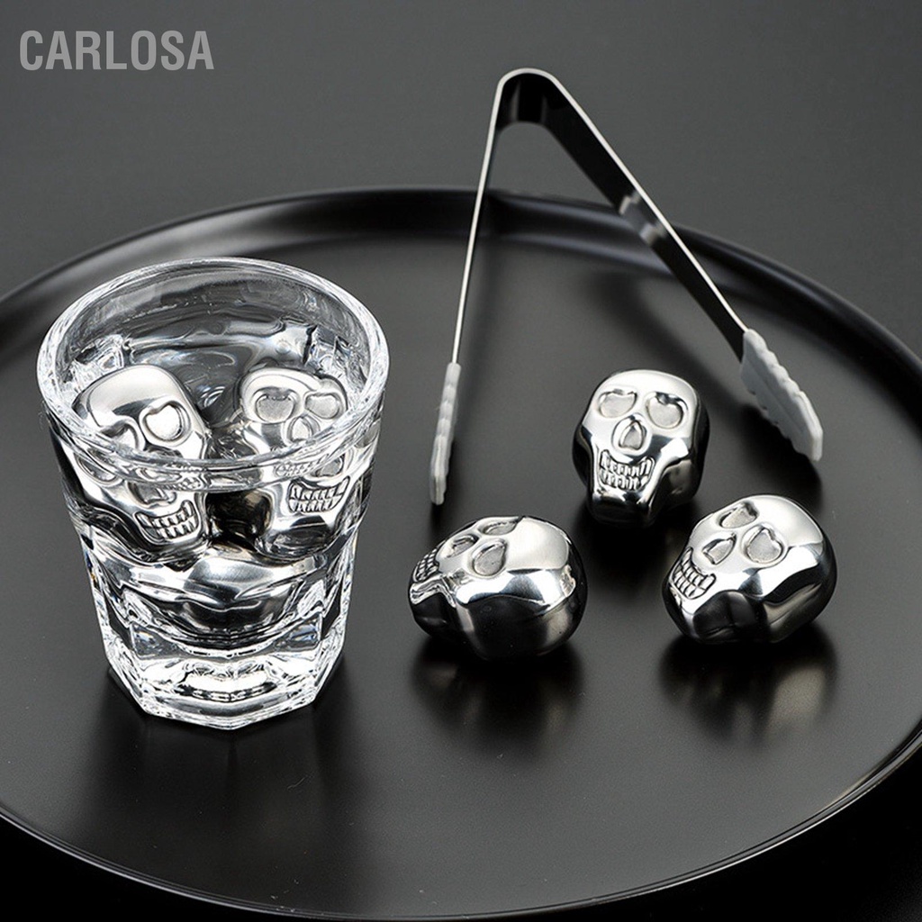carlosa-ก้อนน้ำแข็งหัวกะโหลกสแตนเลส-4-ชิ้นพร้อมที่หนีบน้ำแข็งซิลิโคน-ก้อนน้ำแข็งสแตนเลสสำหรับเครื่องดื่มไวน์เย็น