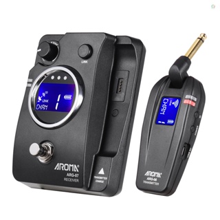 Audioworld AROMA ARG-07 ระบบส่งสัญญาณกีตาร์ไร้สาย (Transmisster &amp; Receiver) ปลั๊ก 6.35 มม. หน้าจอ LCD 4 ช่องทาง ระยะไกล 35 ม. มีแบตเตอรี่ในตัว รองรับการปิดเสียง