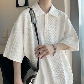 เสื้อยืดโปโล ทรงหลวม ลายวาฟเฟิล เหมาะกับฤดูร้อน สไตล์นักธุรกิจ สําหรับผู้ชาย