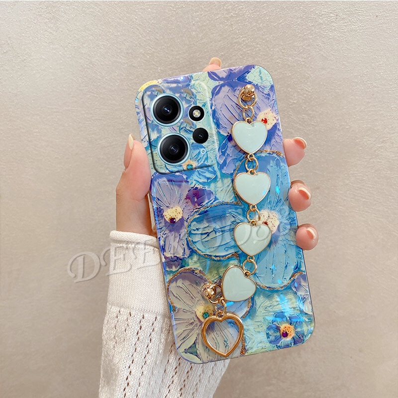 เคสโทรศัพท์มือถือนิ่ม-ปิดด้านหลัง-ลายภาพวาดสีน้ํามัน-รูปดอกไม้น่ารัก-ประดับเพชร-ระยิบระยับ-พร้อมสร้อยข้อมือ-สําหรับ-xiaomi-redmi-note-12-12s-11-11s-pro-pro-plus-12c-4g-5g