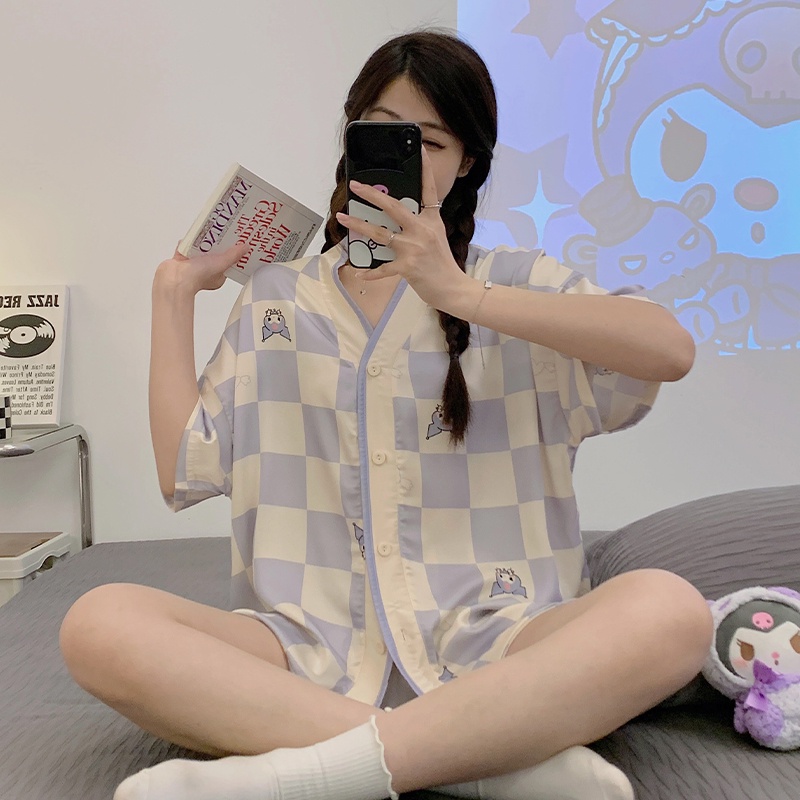 ice-silk-cartoon-plaid-short-sleeved-shorts-new-pajamas-womens-summer-new-plus-size-womens-home-suit