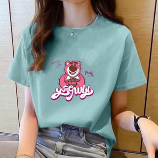 เสื้อยืดคอกลม แขนสั้น พิมพ์ลายการ์ตูน ทรงหลวม สีดํา สไตล์เกาหลี สําหรับผู้หญิง