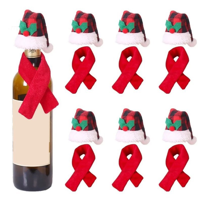 ชุดคริสต์มาส-สีแดง-สีดํา-ขนาดเล็ก-ตาข่าย-ผ้าพันคอ-หมวก-ขวดไวน์-คริสต์มาส-หมวกซานต้า-ผ้าพันคอ-บ้าน-ปาร์ตี้-อาหารค่ํา-โต๊ะ-ตกแต่งฝาขวด