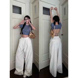 เสื้อยืดแขนสั้นลําลอง คอกลม เปิดหลัง ขนาดใหญ่ และกางเกงขากว้าง ทรงหลวม สไตล์สตรีท สําหรับผู้หญิง
