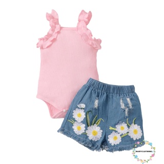 Babyclothes- ชุดรอมเปอร์ เสื้อท็อป กางเกงยีนส์ กางเกงขาสั้น ลายดอกไม้ สไตล์สตรีท สําหรับเด็กผู้หญิง