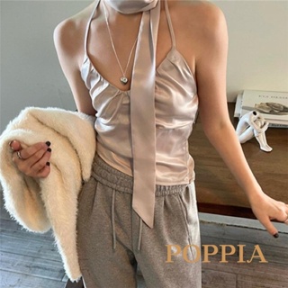 Poppia- เสื้อท็อปแขนกุด เปิดหลัง สีพื้น แฟชั่นฤดูร้อน สําหรับผู้หญิง