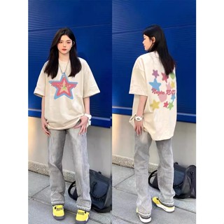 ใหม่ เสื้อยืดลําลอง แขนสั้น พิมพ์ลายดาว ทรงหลวม ขนาดใหญ่ สไตล์เกาหลี สําหรับสตรี