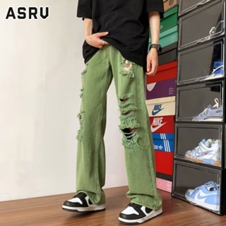 ASRV กางเกงยีนส์สีเขียวสไตล์อเมริกันของผู้ชายมีรูฉีกขอบดิบคุณภาพสูงอินเทรนด์ในกางเกงขายาวทรงตรงแนวสตรีท