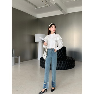 JD17 CEL Beaute 2023 autumn and winter New contrast color curling straight jeans hardware buttons high waist slimming loose straight pipe pants