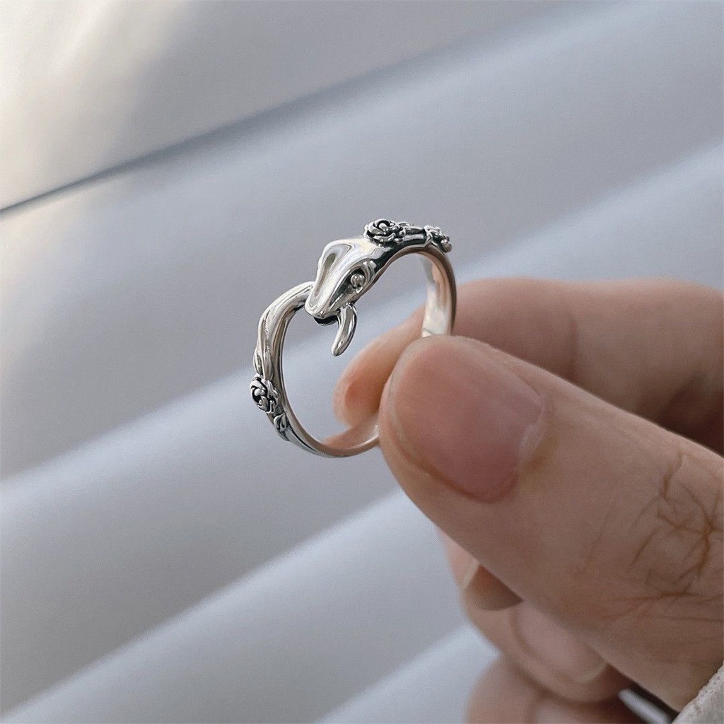 แหวนงูคู่ย้อนยุคงูกัดหางกุหลาบงูแหวนคู่เปิดแหวนปรับได้