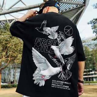 M-8XL Harajuku style peace dove print round neck short-sleeved T-shirt men and women trend Korean personality hip-h_03