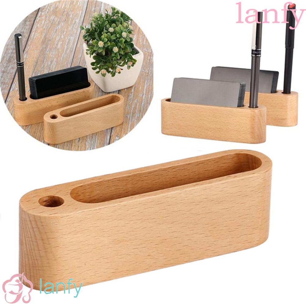 LANFY Wood Name Cards Stand Office Supplies Pen Storage Box Business