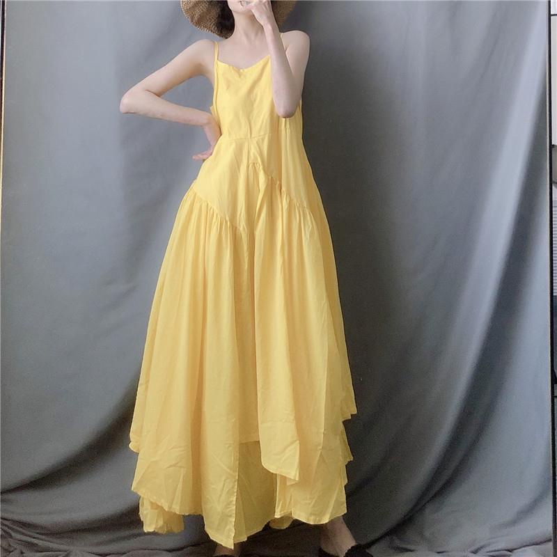 เสื้อผ้าผู้หญิง-โชคดี-ชุดเดรสกระโปรงยาว-สีเหลืองมะนาว-ทรงไม่สมมาตร-ขนาดใหญ่-สไตล์ฤดูร้อน-สําหรับสตรี