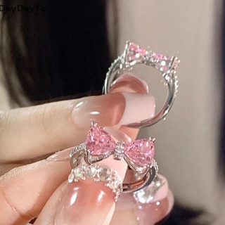 Daydayto แหวนเพชร รูปโบว์ สีชมพู สไตล์เจ้าหญิงน่ารัก ปรับได้ เครื่องประดับ สําหรับผู้หญิง ปาร์ตี้วันเกิด ของขวัญ