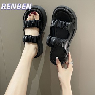 RENBEN รองเท้าแตะหนา soled ผู้หญิงฤดูร้อนใหม่สีทึบพับง่ายรองเท้าแตะซอกออกแบบเข็มขัดหัวเข็มขัดรองเท้าโรมัน