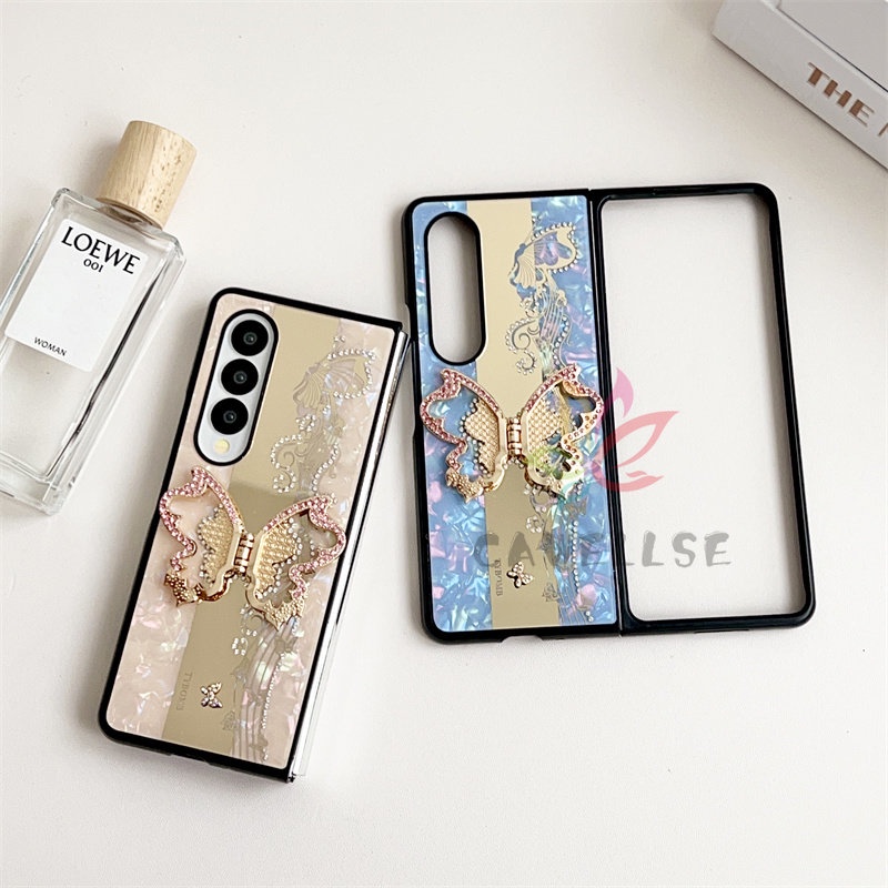 เคสโทรศัพท์มือถือ-ลายดอกไม้-ผีเสื้อ-ประดับเพชร-พร้อมขาตั้ง-หรูหรา-สําหรับ-samsung-galaxy-z-fold-3-z-fold-4-5g